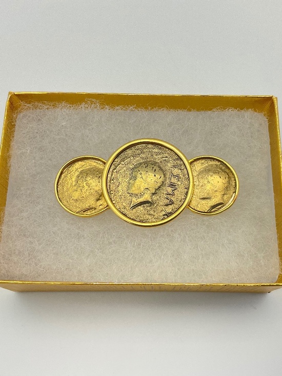 Vintage Jewelry - Vintage 80s Brooch, Faux Greek Coins, Gold Plated Ancient Look Coins, EUC